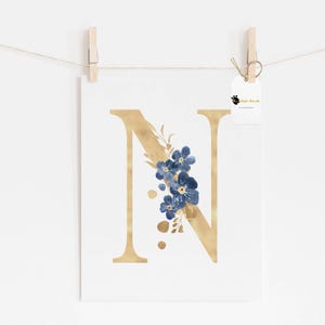 the personalized gold letter print, displayed size 8x10 inches and displayed letter N