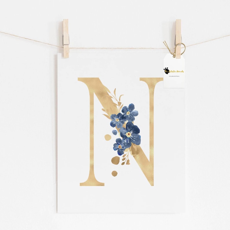 the personalized gold letter print, displayed size 8x10 inches and displayed letter N