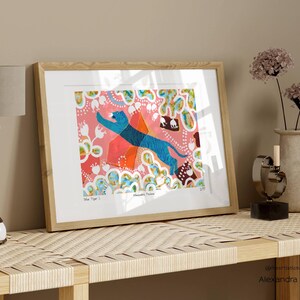Limited edition art print of my original Blue Tiger I. acrylic painting. The Tiger is surrounded by minoan inspired abstract forms, shapes and flowers. unframed, how it looks once framed