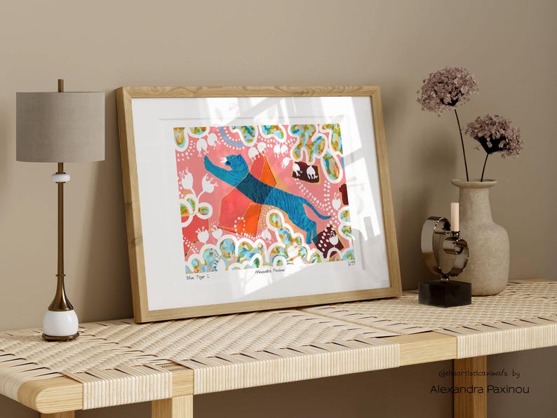 Limited edition art print of my original Blue Tiger I. acrylic painting. The Tiger is surrounded by minoan inspired abstract forms, shapes and flowers. unframed, how it looks once framed