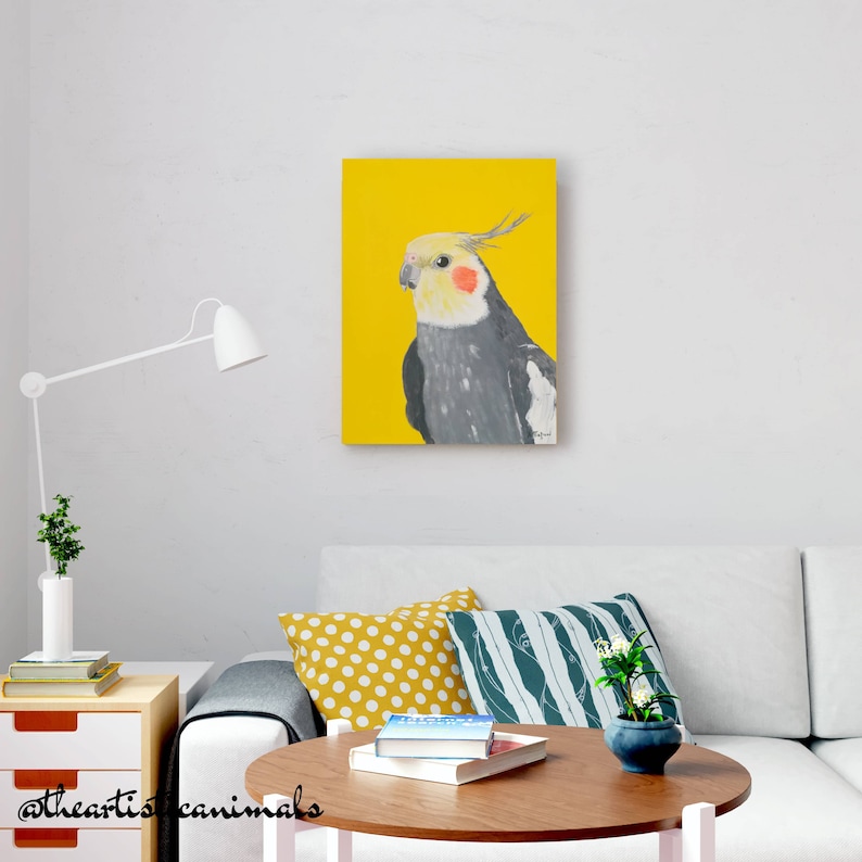 Cockatiel painting on canvas, Original acrylic artwork 16x20 inches, Tropical bird art, Yellow wall art image 3