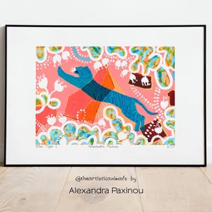 Limited edition art print of my original Blue Tiger I. acrylic painting. The Tiger is surrounded by minoan inspired abstract forms, shapes and flowers. unframed, how it looks once framed