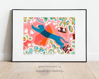 Blue Tiger Art Print, Whimsical Animal Painting, Eclectic Decor