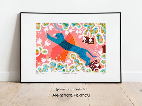 Blue Tiger Art Print, Whimsical Animal Painting, Eclectic Decor