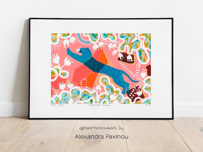 Limited edition art print of my original Blue Tiger I. acrylic painting. The Tiger is surrounded by minoan inspired abstract forms, shapes and flowers. unframed, how it looks once framed
