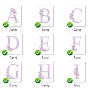 Op de afbeelding: Negen aquarel alfabetletters, van A tot en met I, met paarse en witte bloemen. Elke letter staat op een witte achtergrond.