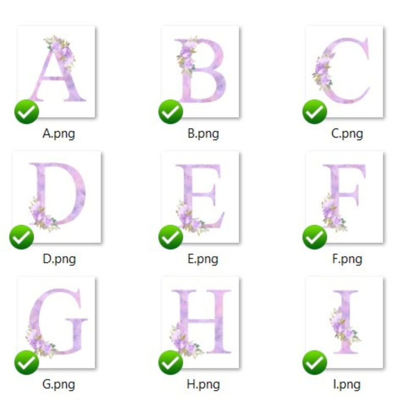 Op de afbeelding: Negen aquarel alfabetletters, van A tot en met I, met paarse en witte bloemen. Elke letter staat op een witte achtergrond.