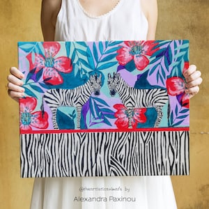 Original Zebra Painting on Canvas – 16x20 Jungle Wall Art with Flowers – Bold Wildlife Acrylic Artwork – Hand-Painted Animal Decor