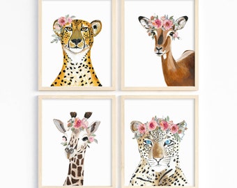 Zoo animals nursery set of 4 prints, Cheetah, Gazelle, Giraffe, Leopard, Floral Jungle nursery decor, Baby girl room gift, Printed - shipped