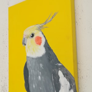 Cockatiel painting on canvas, Original acrylic artwork 16x20 inches, Tropical bird art, Yellow wall art image 7