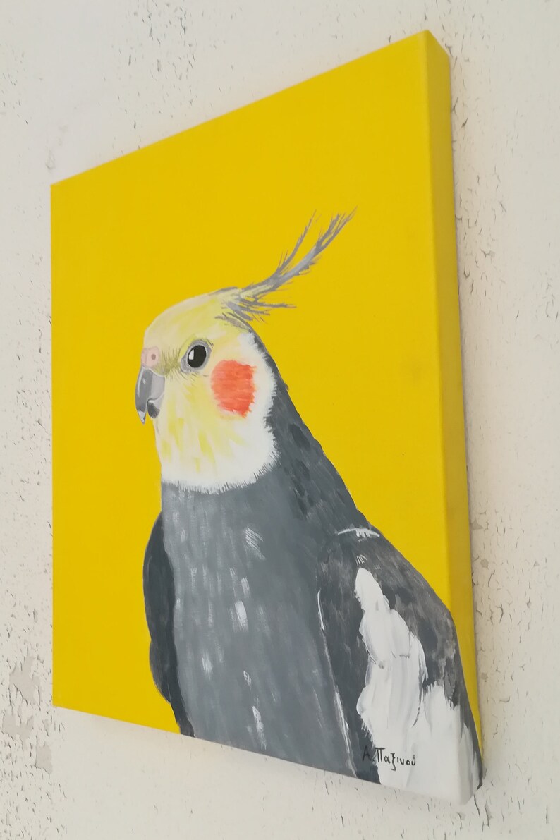 Cockatiel painting on canvas, Original acrylic artwork 16x20 inches, Tropical bird art, Yellow wall art image 7