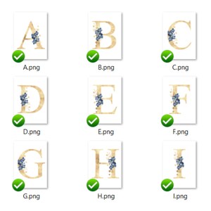 how the gold initials with blue flowers look from A to I