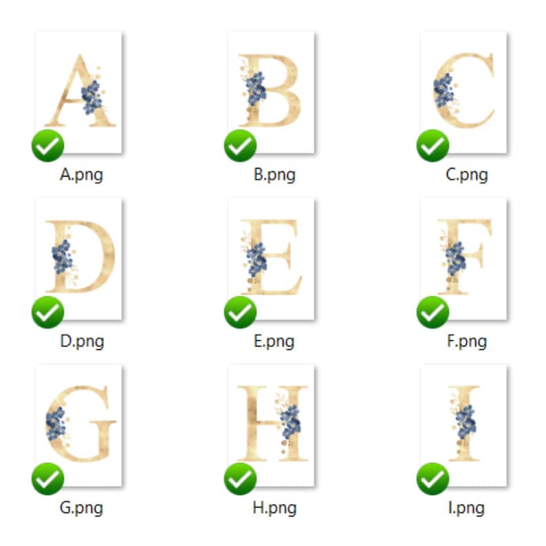 how the gold initials with blue flowers look from A to I