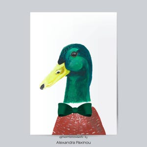 Stampa di anatra selvatica con papillon verde, decorazione per la cameretta dei bambini, stampa artistica da parete per la cameretta dei bambini, stampata e spedita, regalo per baby shower per bambini
