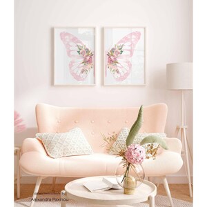 light pink butteflly wings with flowers print set of 2, printed and mailed, unframed. the picture shows how the diptych looks once framed in a living room over the sofa, displayed size A3