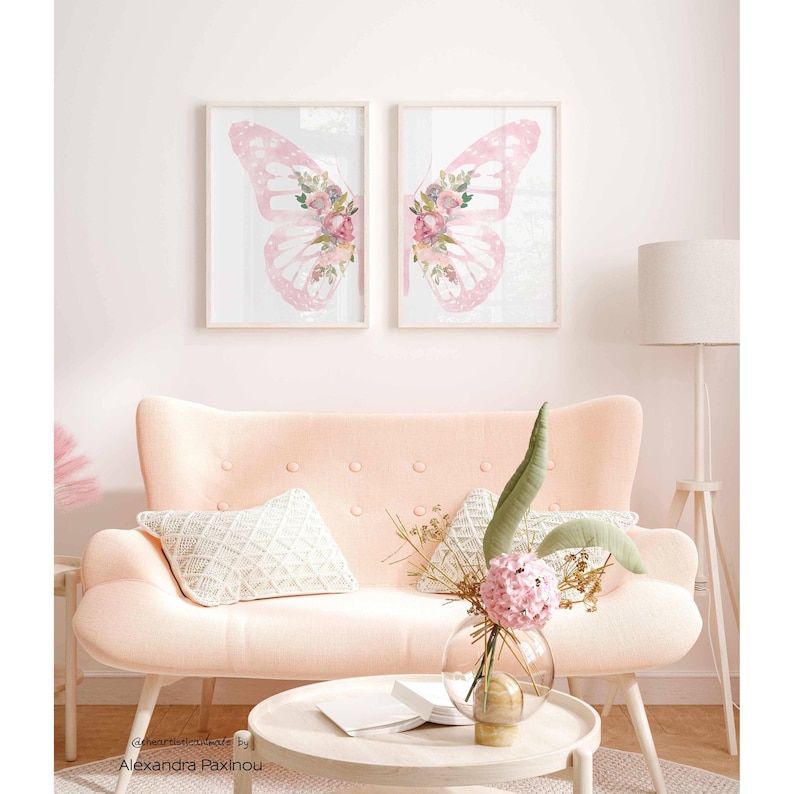 light pink butteflly wings with flowers print set of 2, printed and mailed, unframed. the picture shows how the diptych looks once framed in a living room over the sofa, displayed size A3