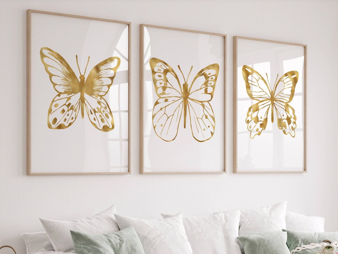 Gold Butterfly Wall Art Set of 3 Piece, Animal Triptych Art, Abstract