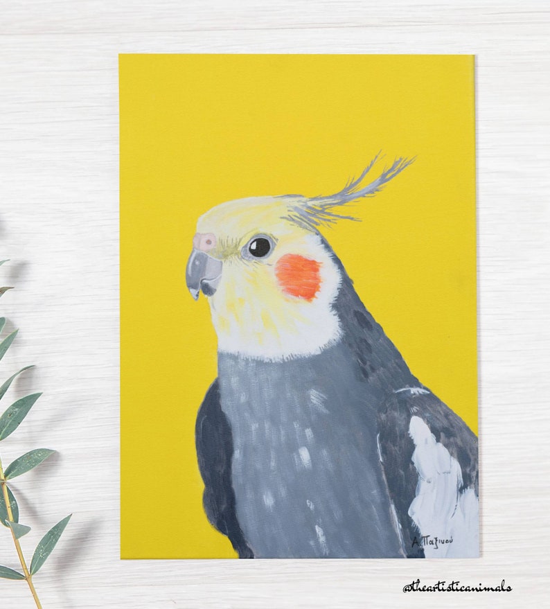 Yellow Cockatiel art print of original painting, Pet bird art, Animal lover gift, Bright colored Wall art decor, 8x10'', A4 image 1