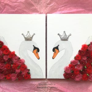 Swan Princess with Crown Canvas Print Set, Floral Nursery Decor, Baby Girl Gift