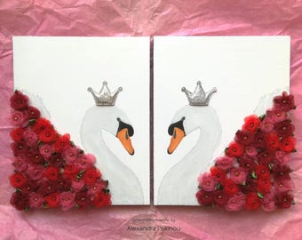 Swan Princess with Crown Canvas Print Set, Floral Nursery Decor, Baby Girl Gift