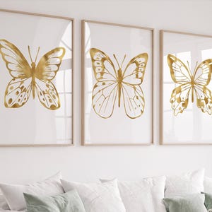 Gold butterfly wall art set of 3 piece, Animal triptych art, Abstract minimalist butterfly print set, Gold wall decor, Printed and shipped