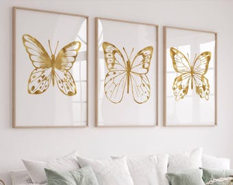 Gold butterfly wall art set of 3 piece, Animal triptych art, Abstract minimalist butterfly print set, Gold wall decor, Printed and shipped