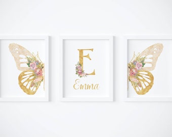 Gold and pink butterfly print set of 3, Baby name wall art, Floral nursery art, Butterfly and flowers wings nursery decor, Digital download