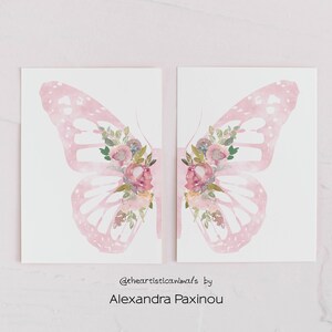 light pink butteflly wings with flowers print set of 2, printed and mailed, unframed. displayed size A3