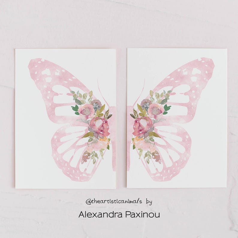 light pink butteflly wings with flowers print set of 2, printed and mailed, unframed. displayed size A3