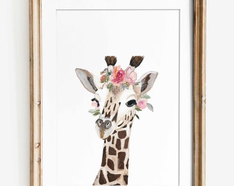 Pink floral giraffe art print, African safari nursery decor, Girl baby room wall art,  Giraffe gifts for baby,  Handmade Printed and shipped