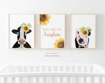 Farm Animal Nursery Art, Cow, Pig & Sunflower Print, You Are My Sunshine Wall Art
