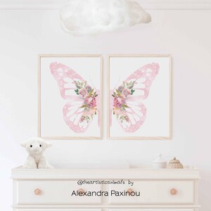 light pink butteflly wings with flowers print set of 2, printed and mailed, unframed. the picture shows how the diptych looks framed in a nursery, displayed size 11x14 inches