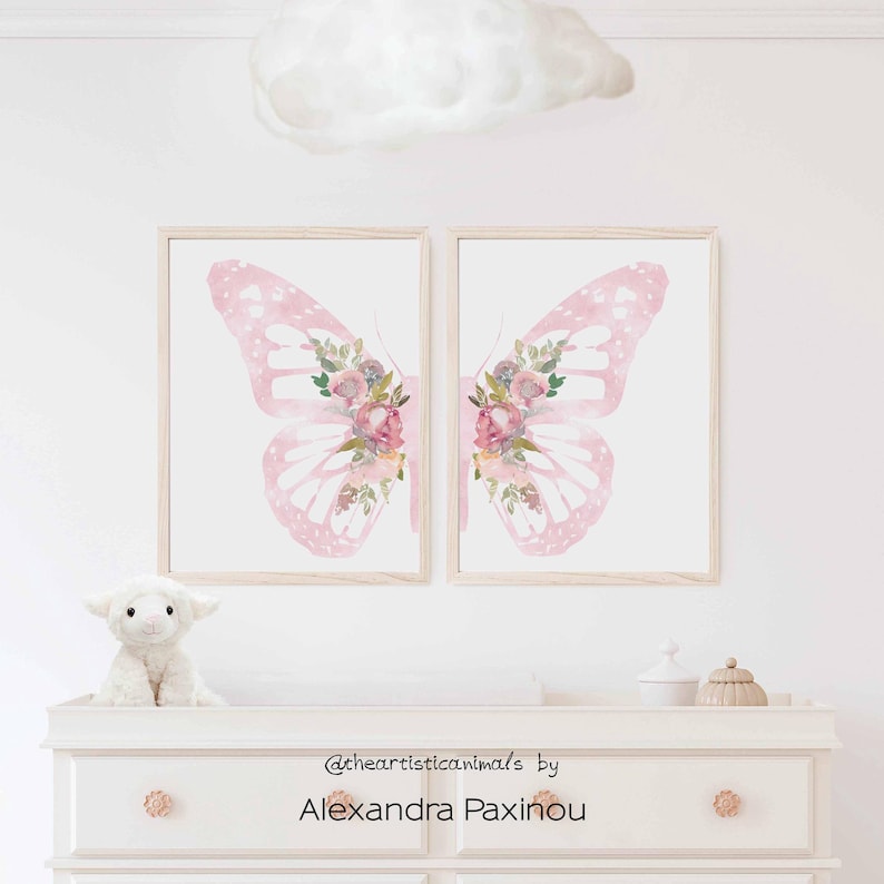 light pink butteflly wings with flowers print set of 2, printed and mailed, unframed. the picture shows how the diptych looks framed in a nursery, displayed size 11x14 inches