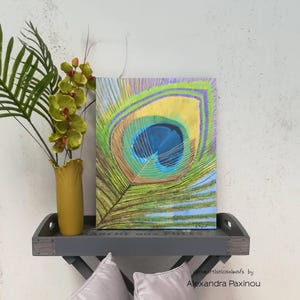 Green and blue peackock feather painting on stretched canvas, ready to be hang, size 16x20 inches (40x50 cm)