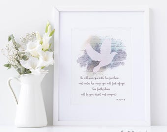 May include: A white dove with a watercolor background and a quote from Psalm 91:4, "He will cover you with his feathers, and under his wings you will find refuge; his faithfulness will be your shield and rampart."