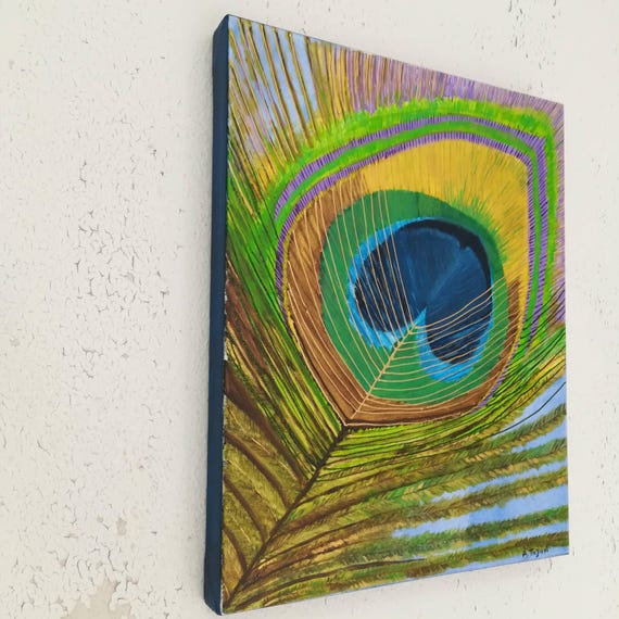 Original Peacock Feather Acrylic Painting on Canvas - Blue Green Wall Art