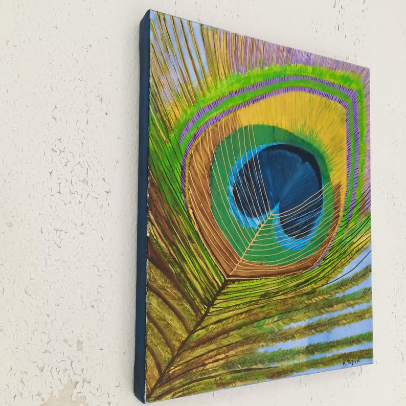 Green and blue peackock feather painting on stretched canvas, ready to be hang, size 16x20 inches (40x50 cm)