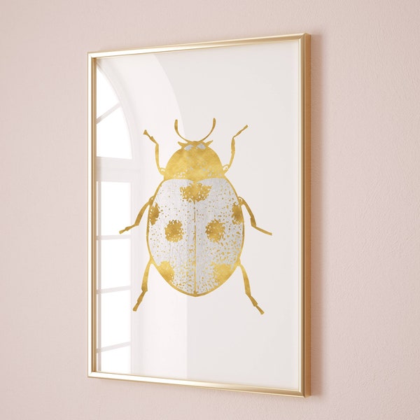 White and gold wall art, Gold lady bug decor, Insect print, Printable ladybird poster, Abstract minimalist art, Digital download