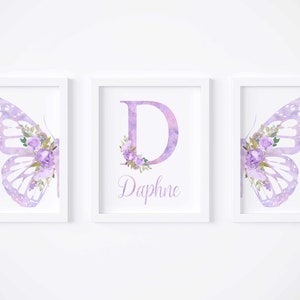 Butterfly print set of 3, Purple wall art, Floral nursery art, Baby name sign, Butterfly and flowers nursery decor, Digital download