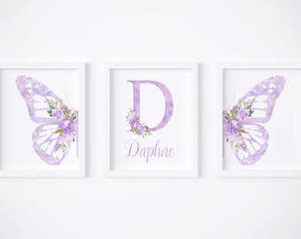 Butterfly print set of 3, Purple wall art, Floral nursery art, Baby name sign, Butterfly and flowers nursery decor, Digital download