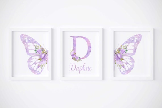 Butterfly print set of 3, Purple wall art, Floral nursery art, Baby name sign, Butterfly and flowers nursery decor, Digital download
