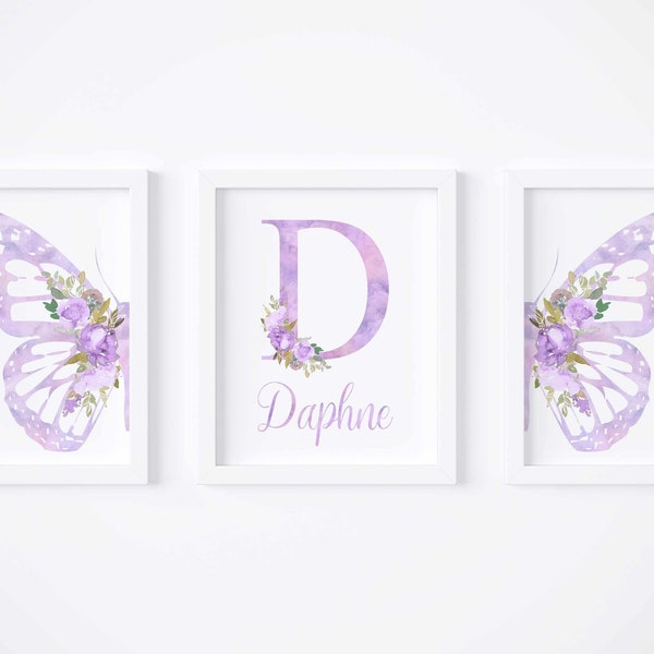 Butterfly print set of 3, Purple wall art, Floral nursery art, Baby name sign, Butterfly and flowers nursery decor, Digital download