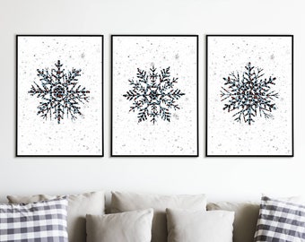 Blue Snowflake wall art set of 3 downloadable prints, Winter decorations, Holiday printables, Festive nordic christmas decor