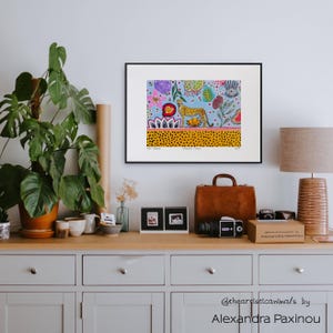 Cheetah art print of original painting, unframed, the picture shows how the print looks framed, size A3