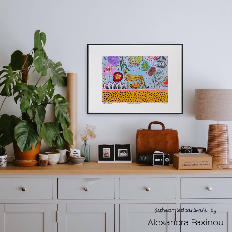 Cheetah art print of original painting, unframed, the picture shows how the print looks framed, size A3