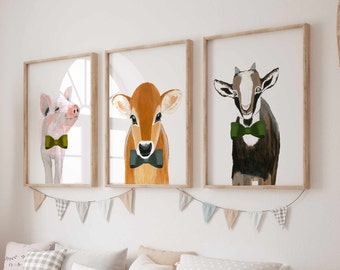 Baby farm animals nursery decor, Pig, Cow and Goat print set, 3 piece wall art, Boy room paintings, Whimsical nursery, Printed and shipped