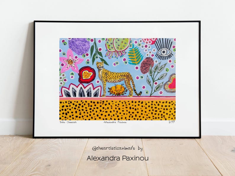 Cheetah art print of original painting, unframed, the picture shows how the print looks framed, size A3