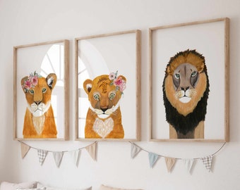 Lion family print set of 3, Safari decor baby nursery, Mom dad and daughter, Newborn girl gift, Family wall decor, Printed and shipped