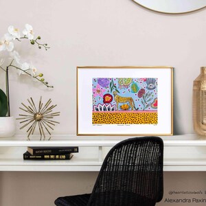 Cheetah art print of original painting, unframed, the picture shows how the print looks framed, size A3