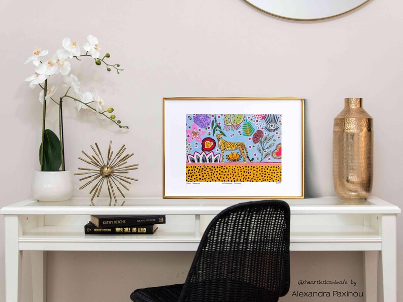 Cheetah art print of original painting, unframed, the picture shows how the print looks framed, size A3